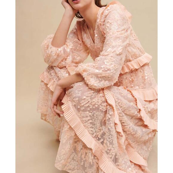 Maje Pale Pink Ruffled V-Neck Sequin Party Formal Dress Size 36/ US 4 - Picture 5 of 14